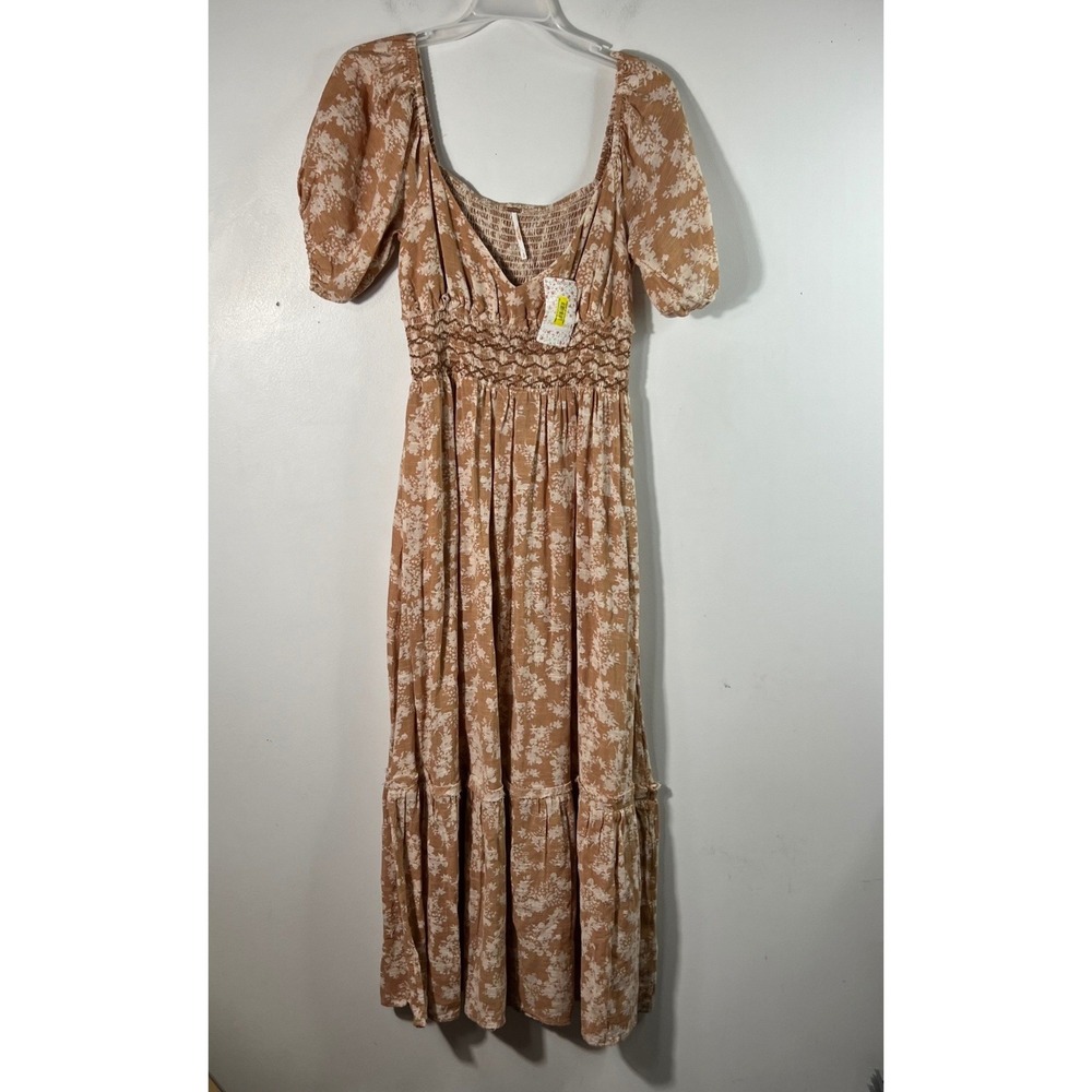 Womens Free People‎ Ellie Smocked Floral Cottage Core Maxi Dress Neutral S NWT